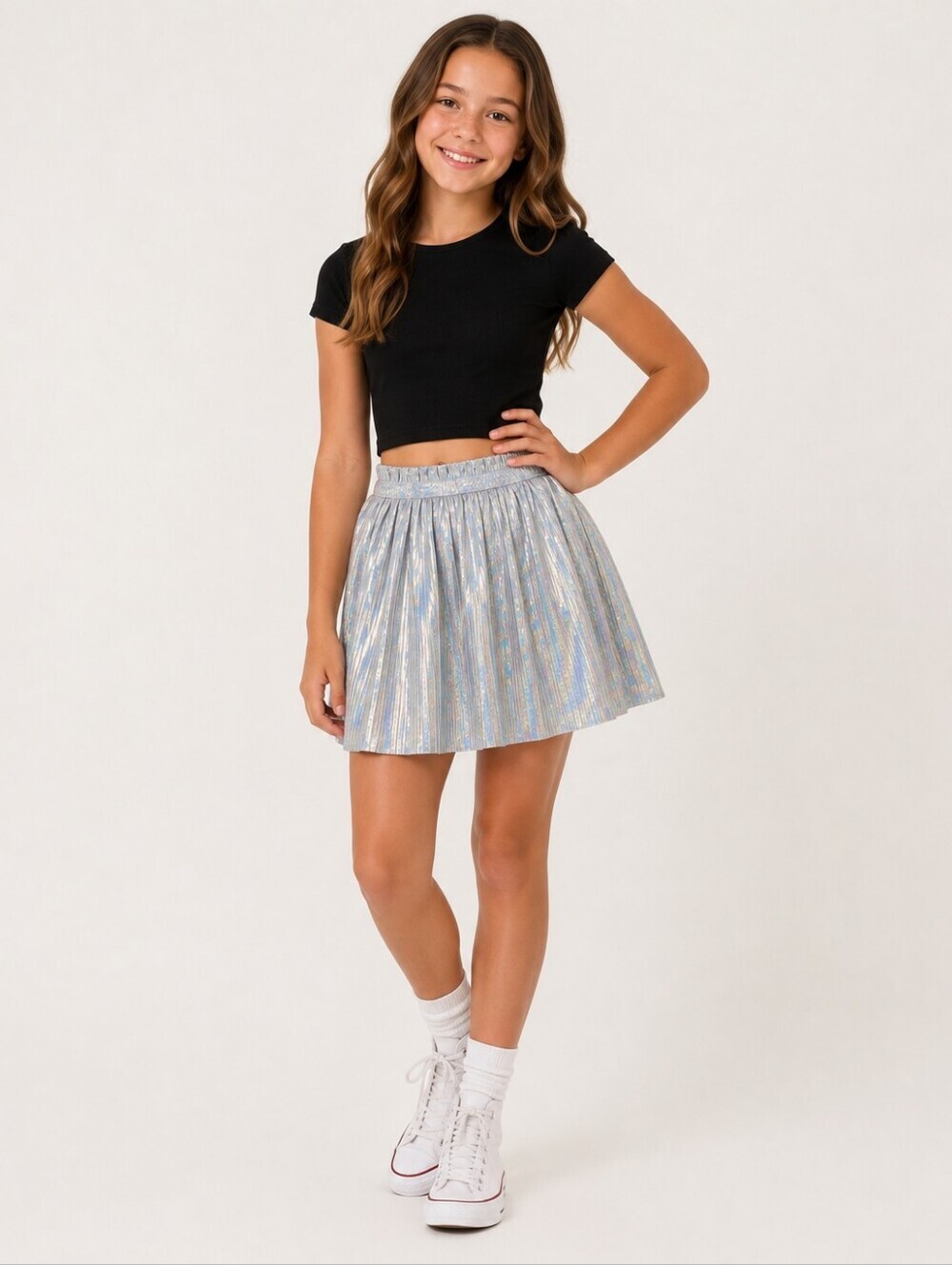 Wonder Nation Accordion Pleat Skirt Shiny Irridescent Silver Elastic Waist L EUC
